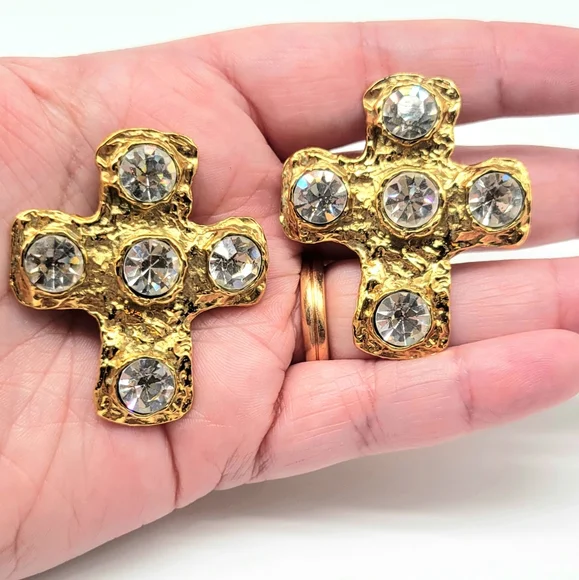 Christian LaCroix Textured Gold Cross Statement Earrings with Swarovski Crystals